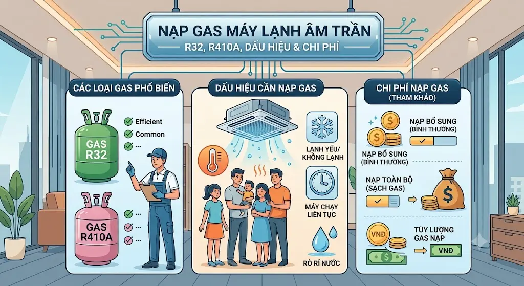 Nạp Gas Máy Lạnh Âm Trần- R32, R410A, Dấu Hiệu & Chi Phí Nạp Gas Máy Lạnh Âm Trần- R32, R410A, Dấu Hiệu & Chi Phí