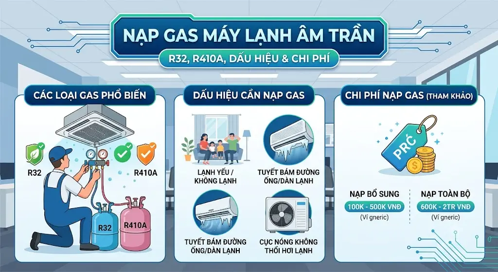 Nạp gas máy lạnh âm trần đúng kỹ thuật và kiểm tra rò rỉ